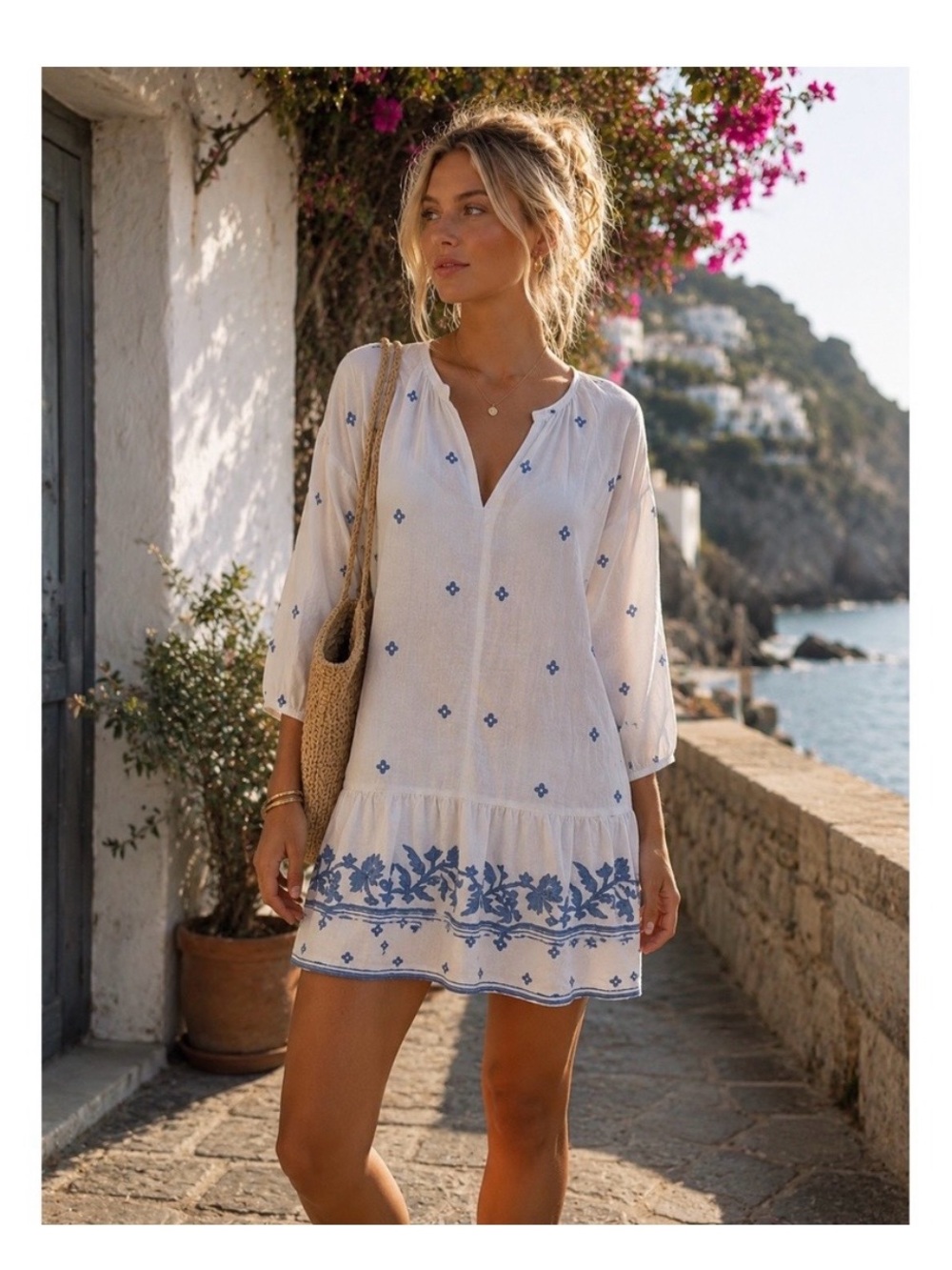 Madewell White Tunic Dress with Blue Embroidery